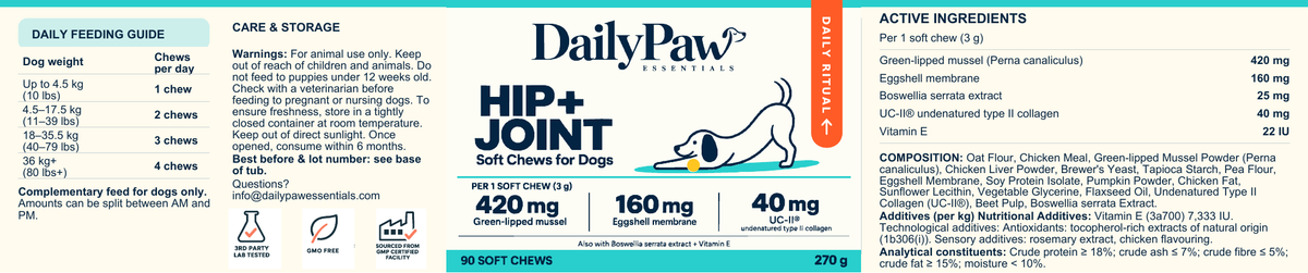 DailyPaw Hip & Joint ingredient label, with full composition and feeding information.