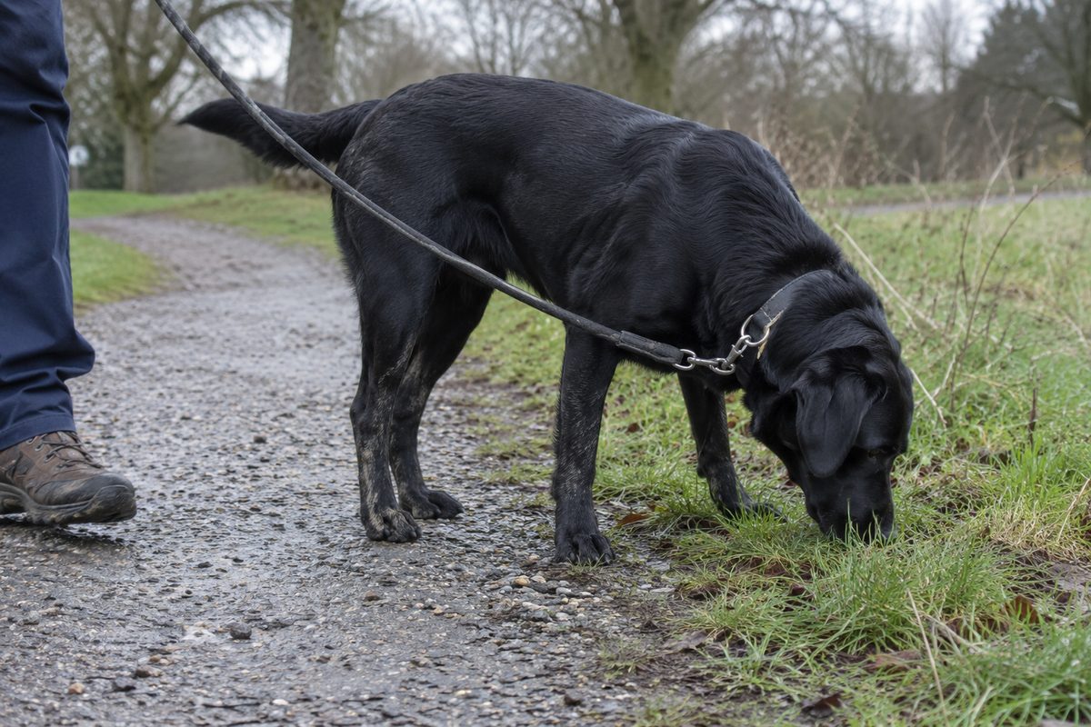 Illustrative photograph of a black Labrador sniffing beside a park path.