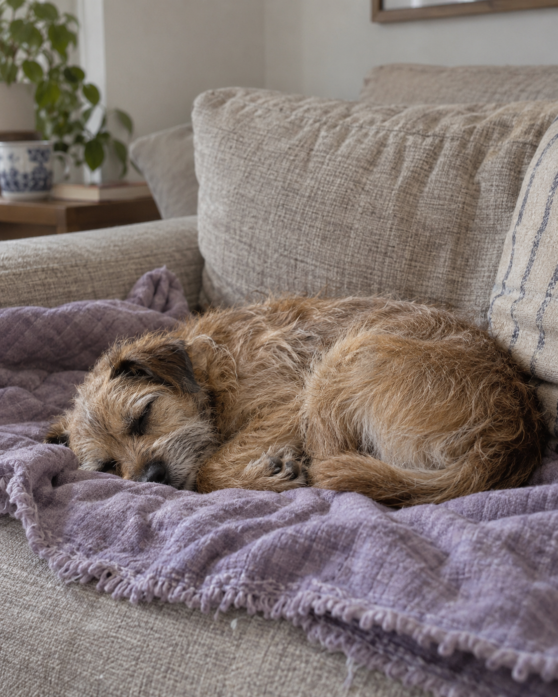 Illustrative photograph of a terrier resting on a lilac blanket.