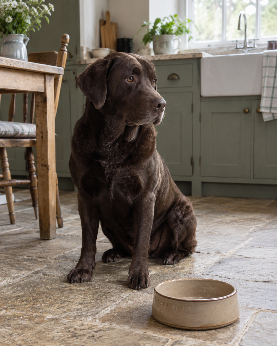 Illustrative photograph of a Labrador waiting beside its bowl.