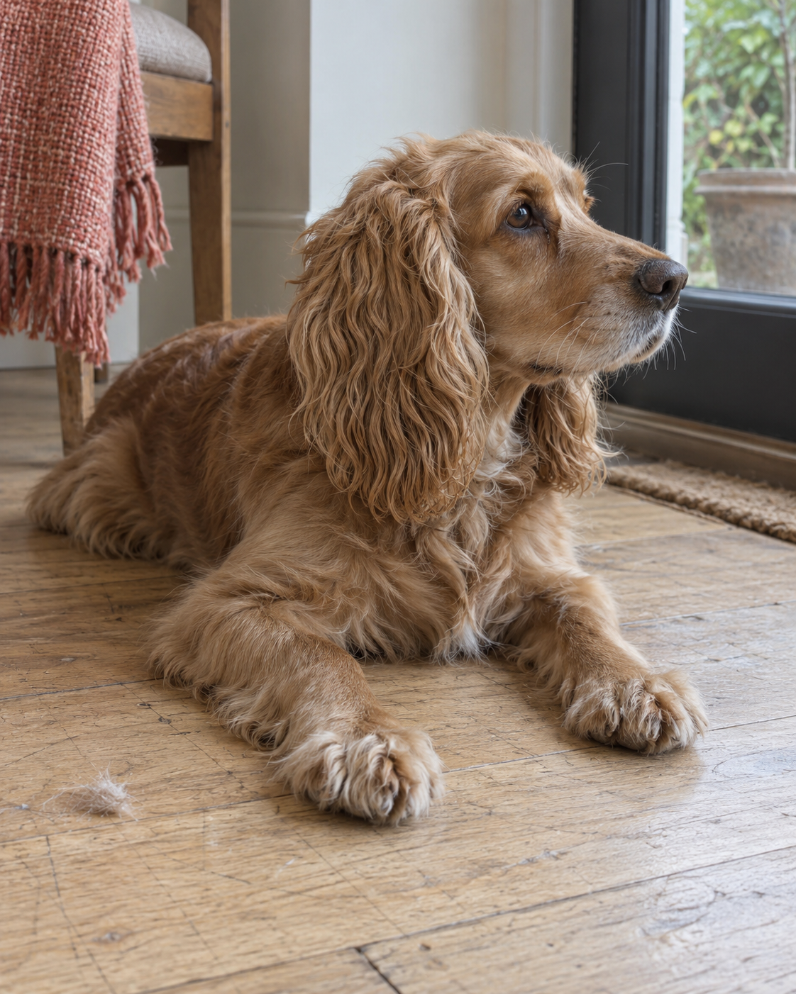 Illustrative photograph of a spaniel resting beside a window.